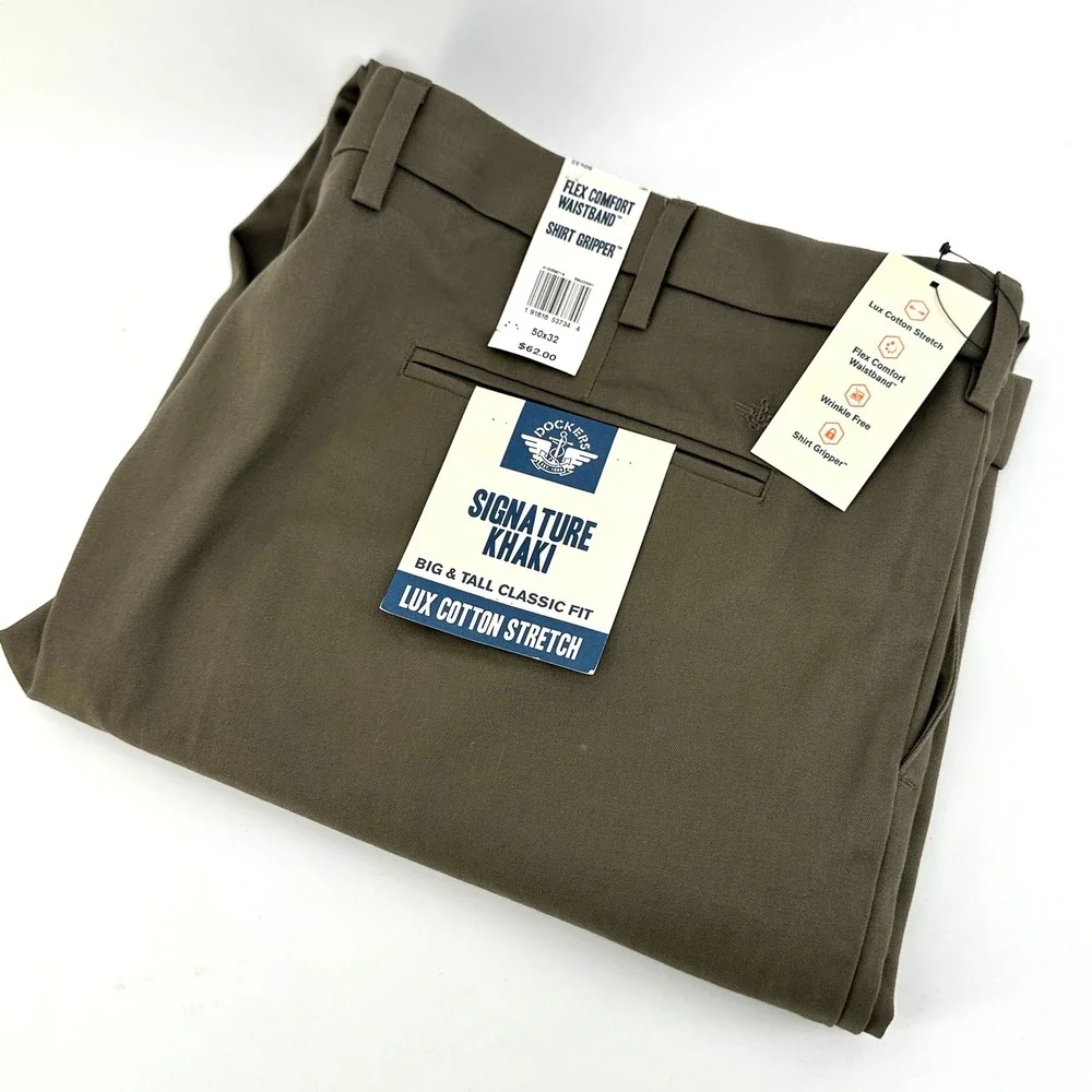 Dockers Signature Khaki Mens 50x32 Brown Classic Fit Stretch Flex Waistband NWT